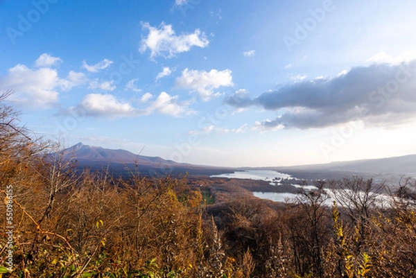 Obraz 日暮山展望台から見た夜明けの大沼国定公園