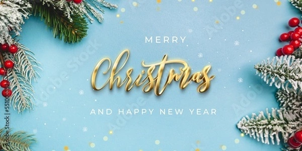 Fototapeta Merry Chrismast and Happy New Year. on a blue background with text