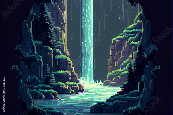 Fototapeta 8 Bit Pixel Art forest waterfall
