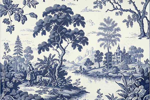 Fototapeta Blue Toile pattern 