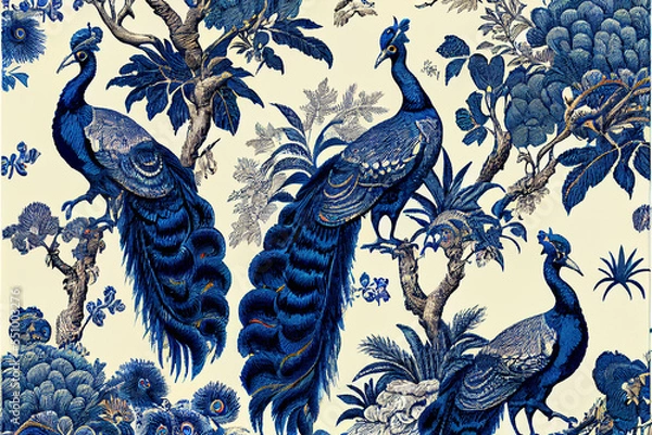 Fototapeta Blue toile pattern with peacocks 
