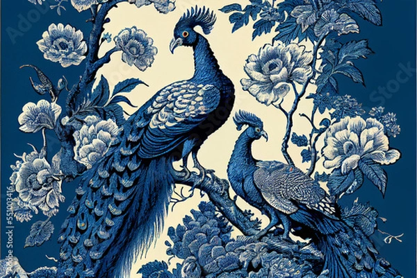 Fototapeta Blue toile pattern with peacocks 