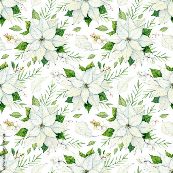 Obraz White Poinsettia. Seamless pattern. Christmas flowers painted in watercolor. For packaging, decoration, fabric, etc.