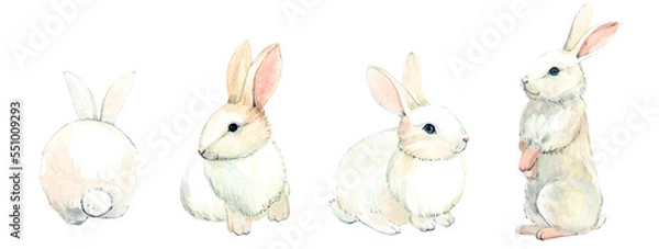 Obraz The white rabbit. Clipart. A white rabbit painted in watercolor. For stickers, scrapbooking, postcards, etc.