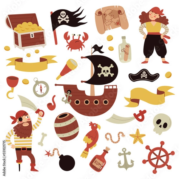 Obraz Collection of pirate accessories and items, pirate bundle. Man and woman pirates. Hand drawn vector illustration.