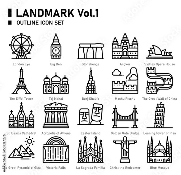 Obraz Landmark icon. filled outline icon set.