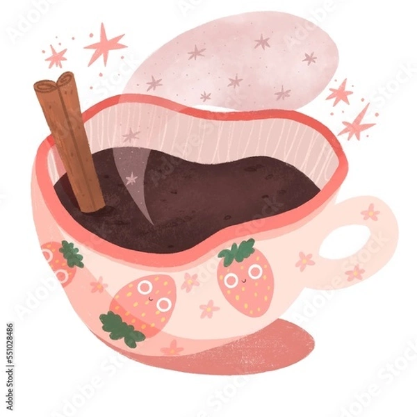 Fototapeta cute pink mug with strawberries on a white background. You can use it as a postcard, sticker or illustration for clothes, books, magazines.	