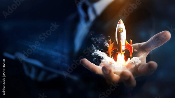 Fototapeta Startup concept. Businessman successfully developing new business