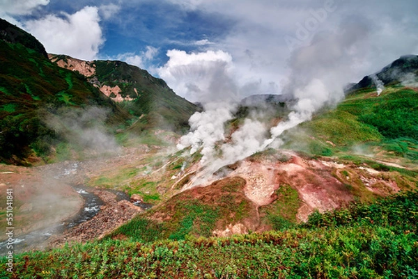 Fototapeta Aerial view to hot geysers. A drone view of the Kamchatka mountains.