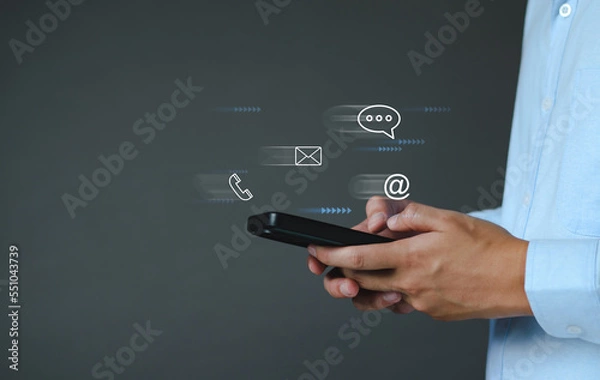 Fototapeta Contact us concept. Business man consulting customers who contact us, call center service, customer consulting service, email, hotline, business contact, digital online business, digital service.