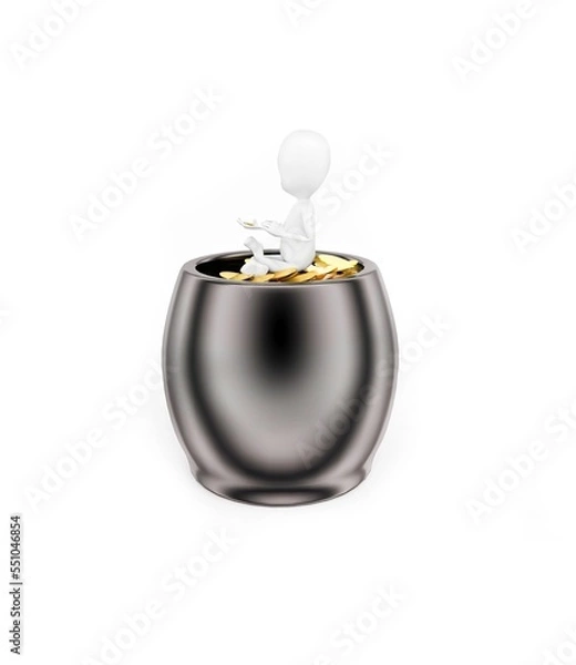 Fototapeta 3d man sitting on a bucket containing gold coins in it concept