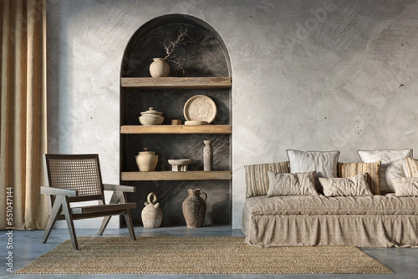 Fototapeta Wabi sabi interior design on arch wall background. Wall mockup concept, 3d render	
