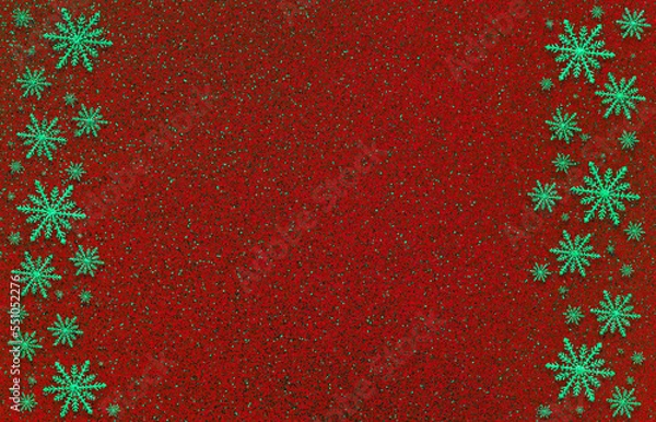 Fototapeta Winter red saturated bright background with white snowflakes on two sides.