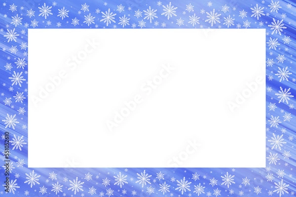 Fototapeta Blue saturated bright gradient background with diagonal stripes, white snowflakes around. Christmas, New Year card with copy space.