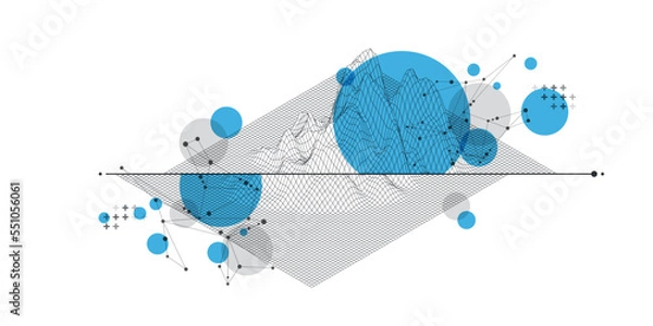 Fototapeta 3D grid cyberspace illustration. Trendy abstract wireframe background. Digital technology Mountain. EPS 10 Vector.