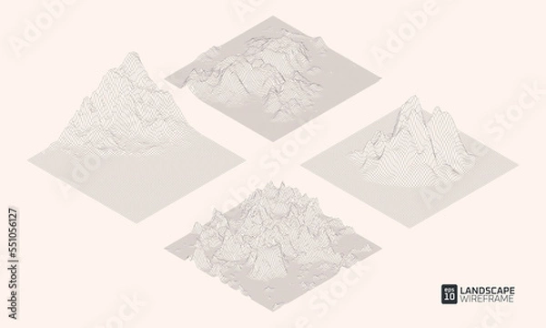Fototapeta 3d grid technology illustration landscape. Set of mountains on white background. Digital abstract terrain cyberspace. EPS10 Vector.