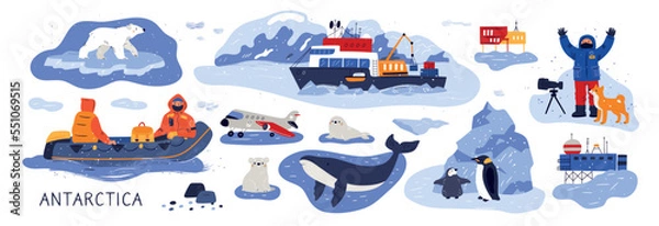 Fototapeta Antarctica vector illustration in cartoon style. Education picture of Antarctica and North Pole with animals, scientists, discovery arctic ocean, flora and fauna. Polar explorer collection