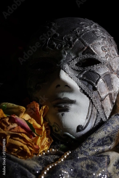 Obraz Carnival mask with dry rose close up on dark background	