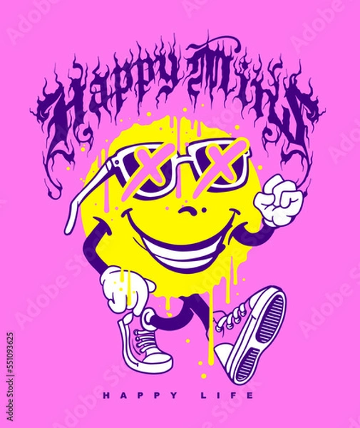 Fototapeta Happy mind, happy life custom typographic slogan print design with dripping emoji icon character