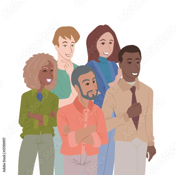 Fototapeta  Ethnically diverse group of people. Team with confidence and determination. Flat vector illustration isolated on white background.