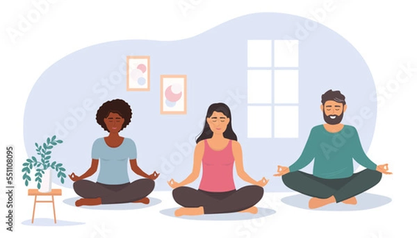 Fototapeta A group of people is doing yoga, meditating in the hall. A woman and a man do gym synchronously. Vector graphics.