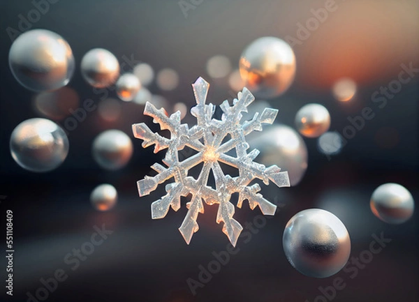 Fototapeta Cristmas hollidays decoration with one crystall snowflake and silver christmas balls in the background. Photorealistic digital illustration.