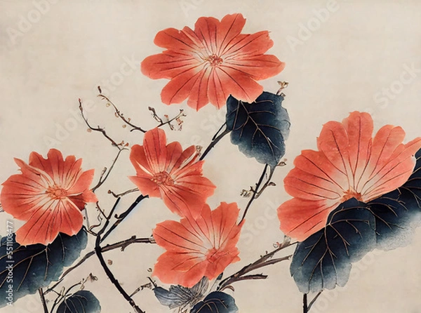 Fototapeta Computer generated artwork with floral motifs in the style of traditional Japanese woodprint Ukiyo-e.
