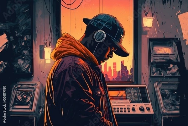 Fototapeta A boy in a cap and headphones listening to music, lo-fi Hip Hop music background, generative ai