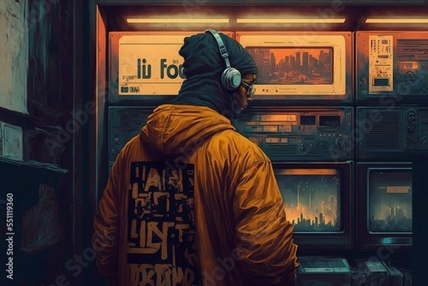 Fototapeta A man with a hoodie and headphones, Lo-Fi Hip Hop music background, generative ai