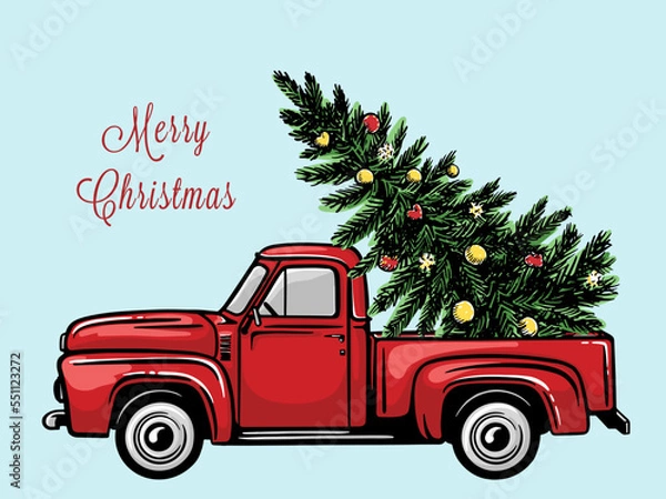 Fototapeta Red car with a Christmas tree. Hand drawn vector illustration.