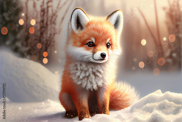 Fototapeta cute red fox baby cartoon dreamlike in snow, winter,christmas. generative ai