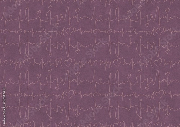 Fototapeta Hand-drawn abstract seamless ornament. Hearts and ribbons in cardiogram style. Pale pink on a purple background. Paper texture. Digital artwork, A4. (pattern: pv03b)