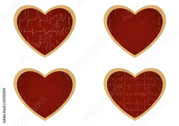 Fototapeta Set of 4 heart shaped valentine's cards. 2 with pattern, 2 with copy space. Deep red background and gold glittery pattern on it. Cloth texture. Hearts size about 8x7 inch / 21x18 cm (pv03ab)