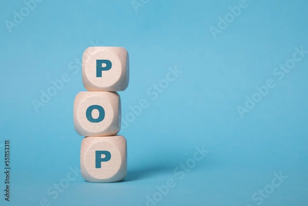 Obraz POP, point of presence internet acronym letters on wooden blocks isolated on light blue background copy space
