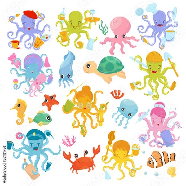 Fototapeta Funny Marine and Sea Animals with Octopus, Crab, Fish and Jellyfish Floating Underwater Vector Set