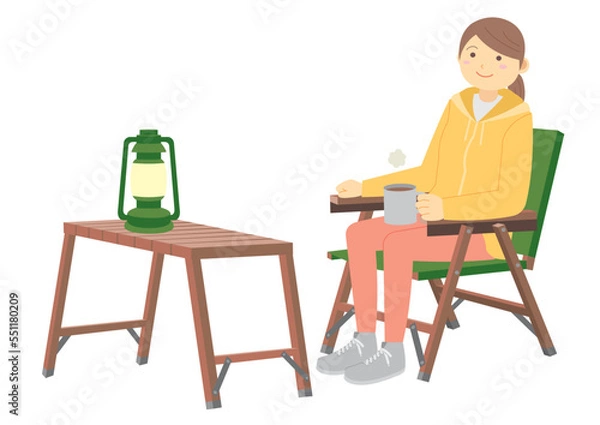 Fototapeta キャンプで椅子に座って休憩する女性のイラスト

