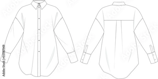 Fototapeta  Technical drawing. Oversized classic button-down collar shirt in blue poplin fabric. Back and Front. On body.