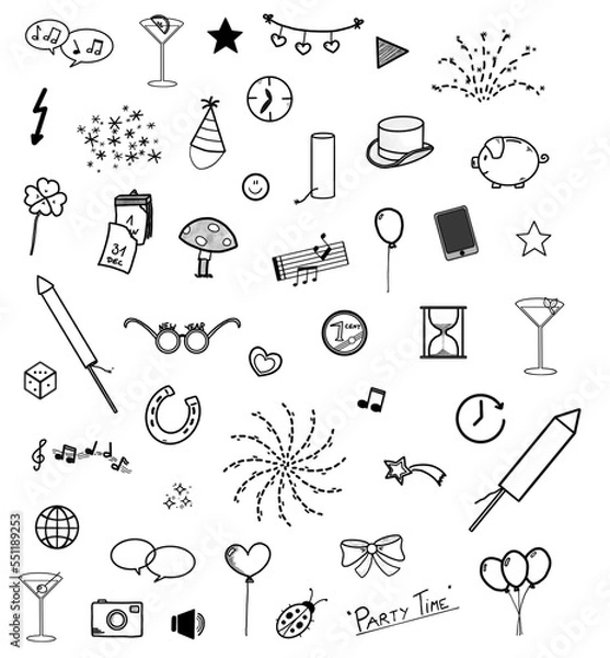 Fototapeta 46x Silvester Neujahr - Happy New Year - Party ~ Set ~ Icons Zeichen Symbole Cliparts Sketchnotes Doodles