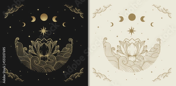 Obraz Gold water lily engraving with star ornament and moon phases