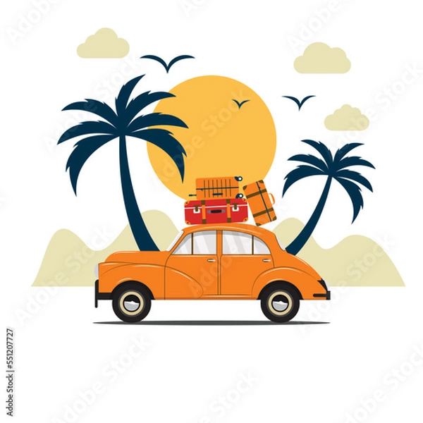 Fototapeta Road travel by car with lagged. Beautiful sunset of mountain, tree and birds 