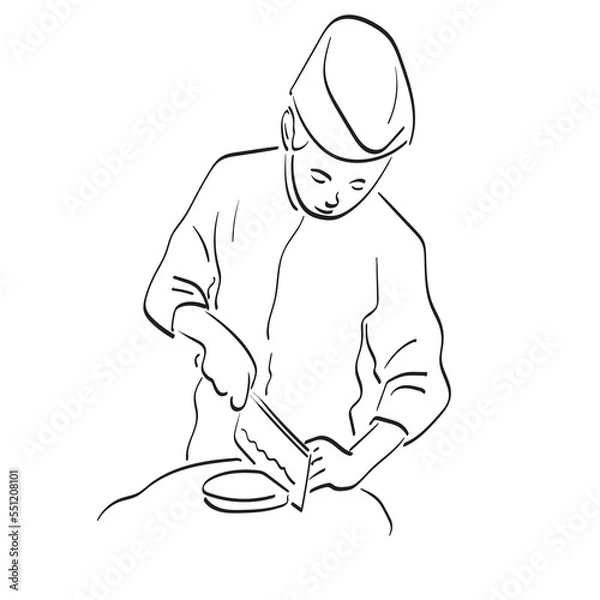 Fototapeta masmale chef with hat using knife on food illustration vector hand drawn isolated on white background line art.