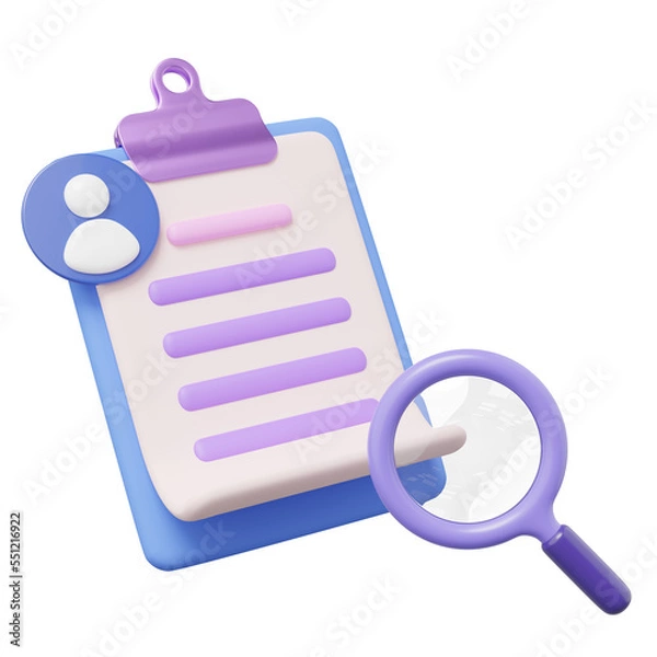 Obraz 3d CV resume for job search icon on transparent. Interview document on clipboard, magnifying glass. Personal profile icon for worker HR search, human resources concept. Cartoon smooth. 3d rendering.