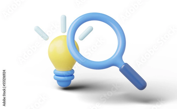 Fototapeta 3D Creative idea icon. Yellow light bulb with bright halo, magnifying glass isolated on transparent. Business solution, Strategic thinking, New innovation concept. Cartoon icon minimal. 3d rendering.