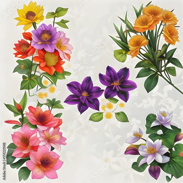 Fototapeta Background with flowers. Beautiful illustration of flowers elegant bouquet on white background. Cute Colorful Flowers. 3d rendering.