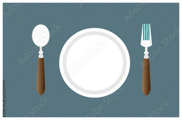 Obraz Fork, spoon, plate isolated on blue