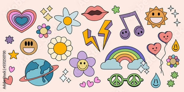 Fototapeta Set of Vintage Groovy elements and characters. Y2K Cute Flower Stickers. Pop Art Happy Positive Vector Patches.