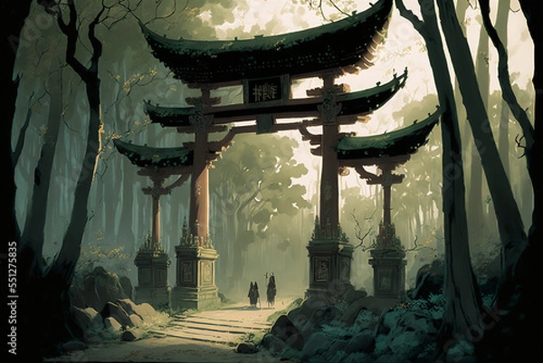 Fototapeta Torii, Japanese Gate, Torii Forest Background, Concept Art, Digital Illustration, Anime, Generative AI