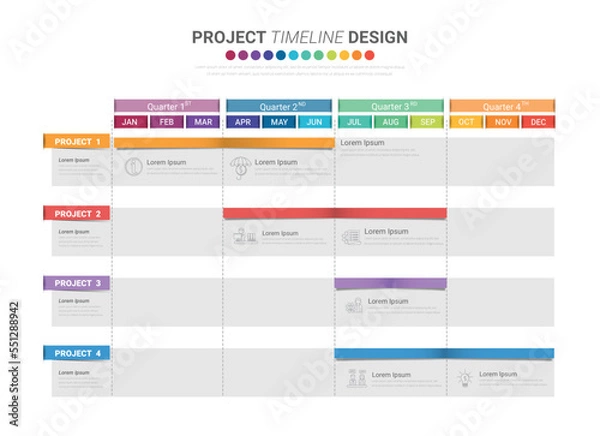 Fototapeta Project time plan business template with 4 project tasks in year or 12 months. Easy to use for your website or presentation.