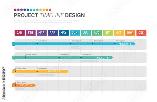 Fototapeta Project schedule year chart, overview planning timeline vector diagram for 12 months, Minimal infographic design template.