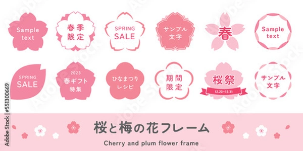 Obraz 桜と梅の花のフレームイラストセット　春のあしらい　さくら　花びら　かわいい　アイコン　ラベル素材